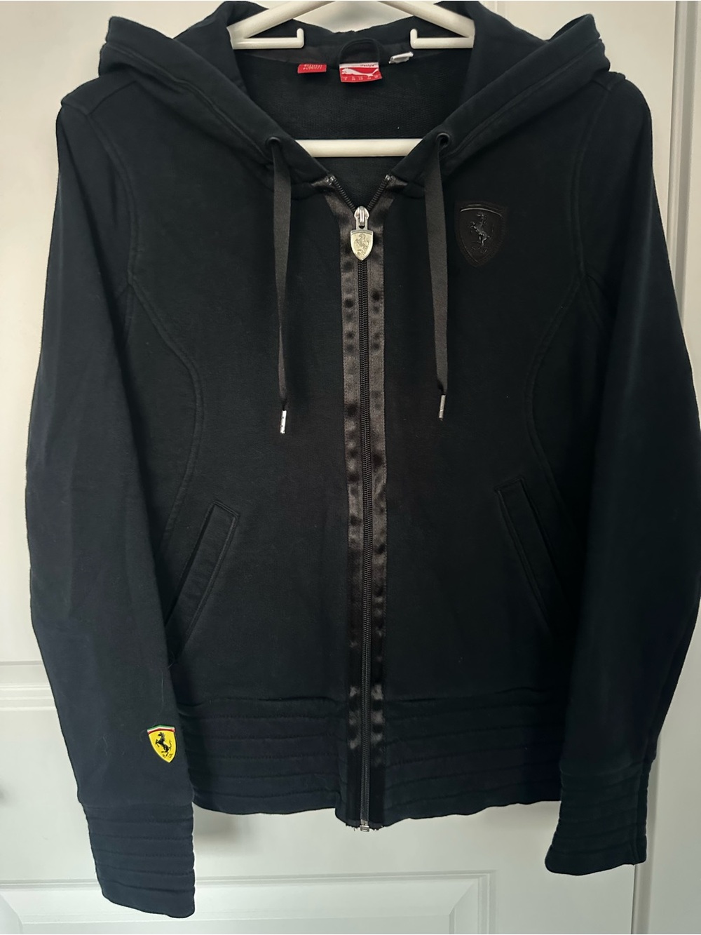 Puma Ladie’s Black Zip Hoodie with Yellow Ferrari sleeve Accent